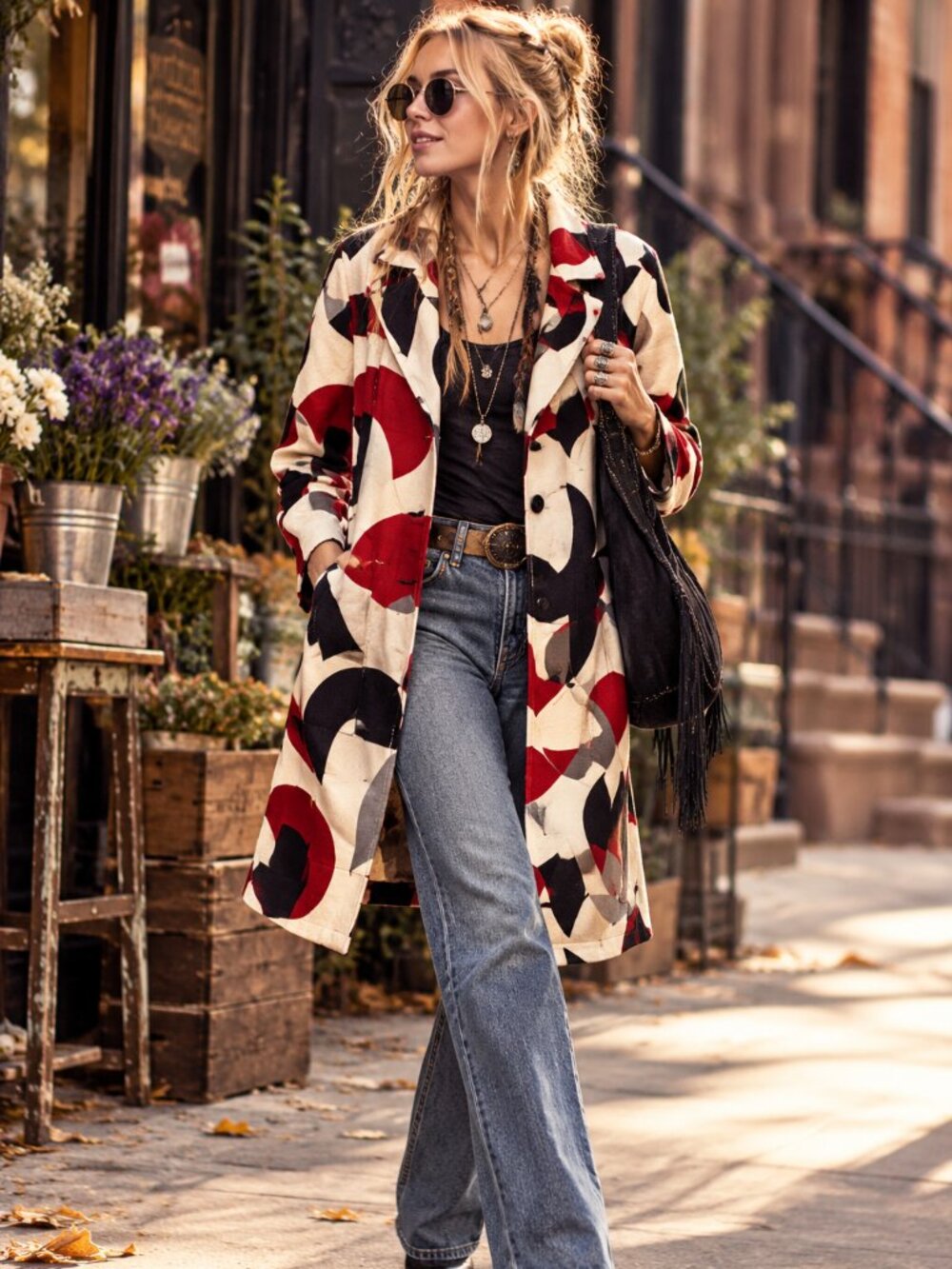 Vintage 1990s LaVie Boheme Abstract Mod Print Long Jacket Coat Sz S Y2K
